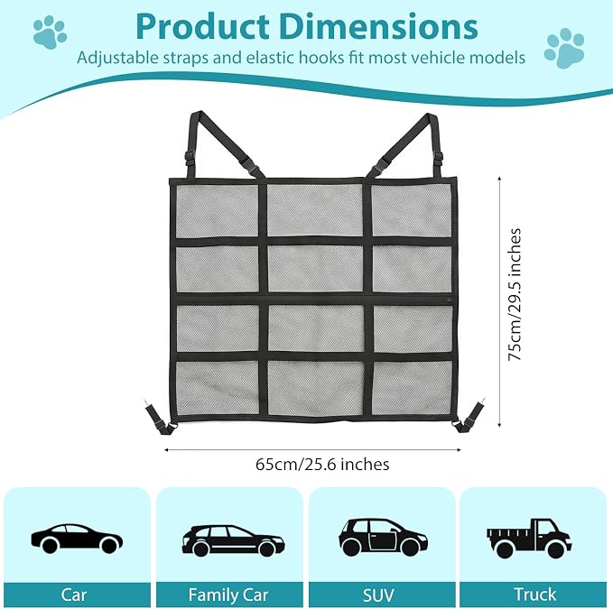 VavoPaw Dog Car Barrier, Car Net for Dog, Pet Barrier for SUV/Car/Truck | With Mesh Organizer, Scratch-Resistant, Large Barrier Area, Adjustable Strap, Sturdy Easy to Install,Car Divider for Backseat - Image 6