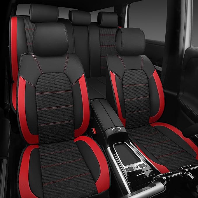 CAR PASS 5 Seats Leather Car Seat Covers, Sideless Car Seat Protectors with Storage Pocket, Water Resistance Seat Cover, Universal Fit Most Cars, SUVs, Trucks and Vans (Full Set,Black and Red) - Image 7