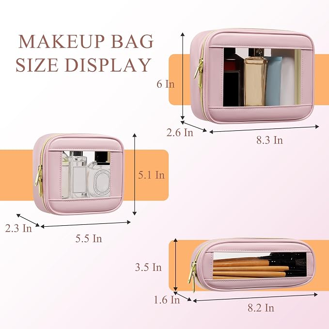 3-Piece Travel Clear Makeup Bag Set, Small Cosmetic Bag with Makeup Brush Case, Leather Waterproof TSA Approved Toiletry Bag with Zipper, Car Organization for Women (Pink-2, Mini+Slim+Medium) - Image 2