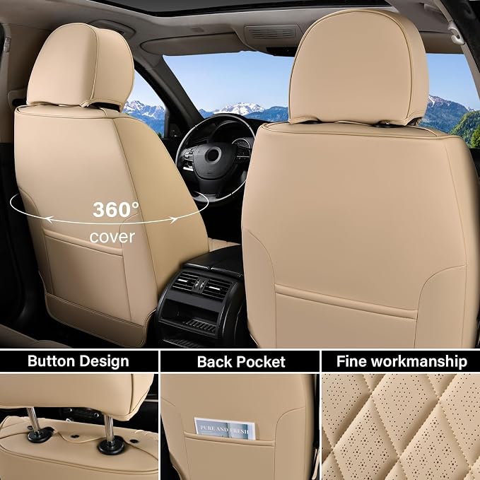 Coverado Front Seat Covers, 2-Pack Luxury Faux Leather Car Seat Cover, Beige Seat Covers, Car Seat Protector Waterproof, Car Seat Cushion Driver Seat Cover Universal Fit for Most Cars, Beige - Image 2