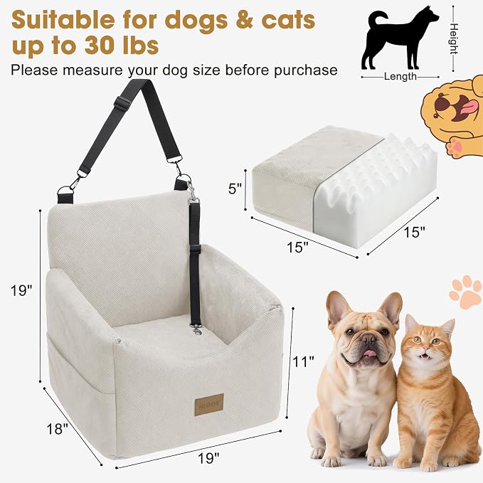 JOEJOY Dog Car Seats for Small Medium Dogs Under 35lbs, Dog Booster Seat with Detachable Washable Cover and Cushion, Memory Foam Pet Car Seat with Safety Belt and Storage Pockets (BGE) - Image 8