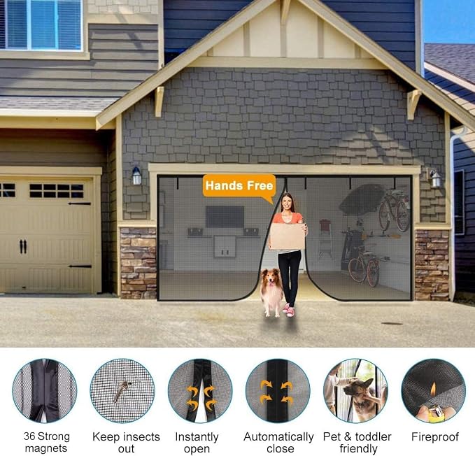 Fiberglass Garage Door Screen, Sunmoxia 8x7Ft Magnetic Heavy Duty Garage Door Curtain with 4 Strapping Tapes - Durable Breathable Mesh Patio Porch Privacy Curtain - Image 2