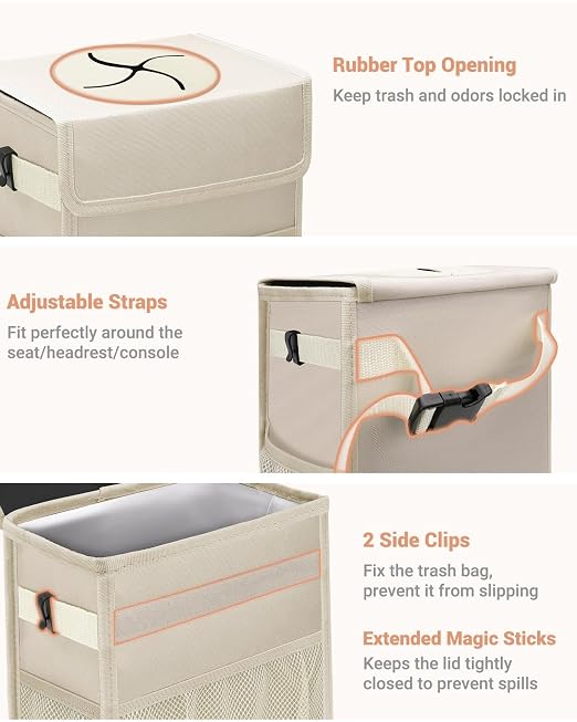 Capolo Car Trash Can with Lid, Leakproof Car Garbage Can Car Trash Bag | Waterproof, Trash Can for Car, 3 Mesh Pockets, Mini Hanging Vehicle Car Trash Bin, for Back/Front Seat (Beige,3 Gal) - Image 3