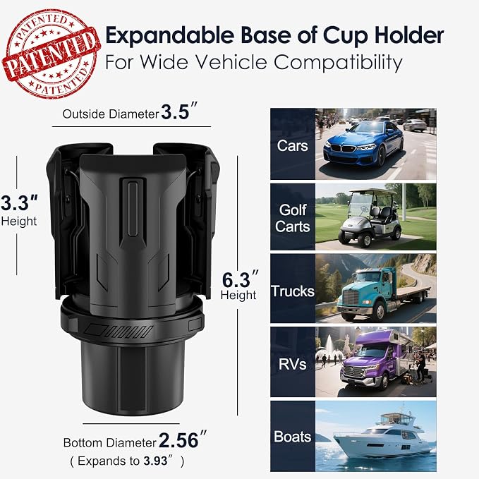 Cup Holder Expander, Cup Holder Expander for Car, Adjustable Cupholder for 2.6"- 4.8" Yeti, Hydro Flask, Nalgene, Takeya, Camelbak, Ramblers, Owala, Tumblers, Mugs, Bottles, with Sunglass Holder - Image 8