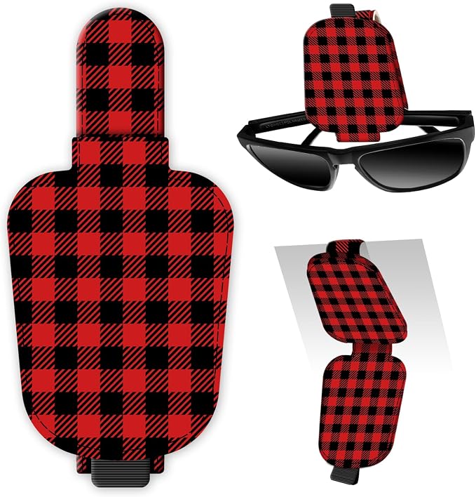 Leather Magnetic Sunglass Holder for Car Sun Visor, Cute Eyeglass Ticket Card Hanger Clip, Universal Auto Interior Accessories for SUV Pickup Truck Red Plaid by Unknown