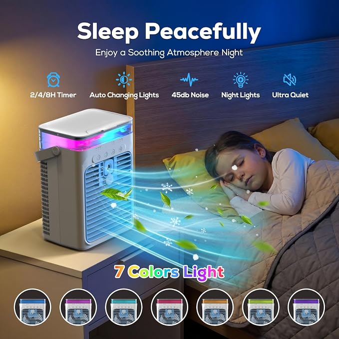 Portable Air Conditioners, Personal Evaporative Air Cooler, 3-Speed Small AC Fan, 8H Auto-off, Mini Air Conditioner, Cooling Fan for Car, Desktop, Camping, Bedroom, Office (Blue) - Image 6