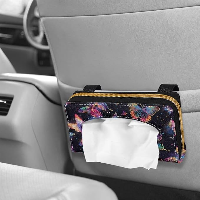 Biyejit 2 Pack Car Tissue Holder, Colorful Butterfly PU Leather Sun Visor Napkin Box Holder, Hanging Tissue Mask Holder with Glasses Clip for Car Visor, Auto, Vehicle Accessories - Image 4