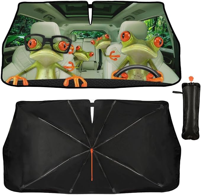 CHILL·TEK Print Frog Windshield Sun Shade Funny Frog Sun Shade for Car Front Window Block UV Rays Foldable Umbrella Windshield Sun Visor Protector Keep Vehicle Cool for Most Vehicles - Image 2