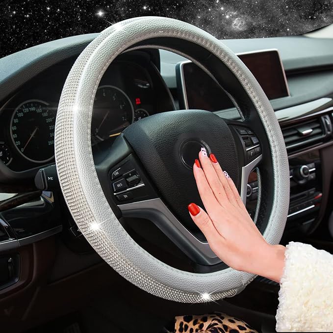 New Diamond Leather Steering Wheel Cover with Bling Crystal Rhinestones | Universal Fit 15 Inch Car Wheel Protector for Women Girls Silver - Image 3