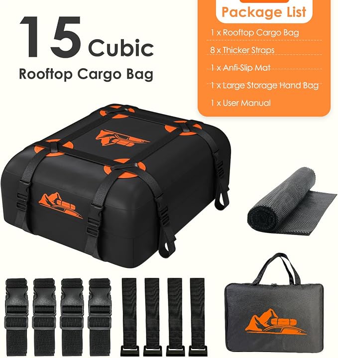 Car Rooftop Cargo Carrier Bag 15-20 Cubic Feet, 100% Waterproof Heavy Duty Car Roof Bag for All Vehicle with/Without Racks - Anti-Slip Mat, 4 Door Hooks, Storage Bags (Orange, 15Cu.Ft) - Image 8