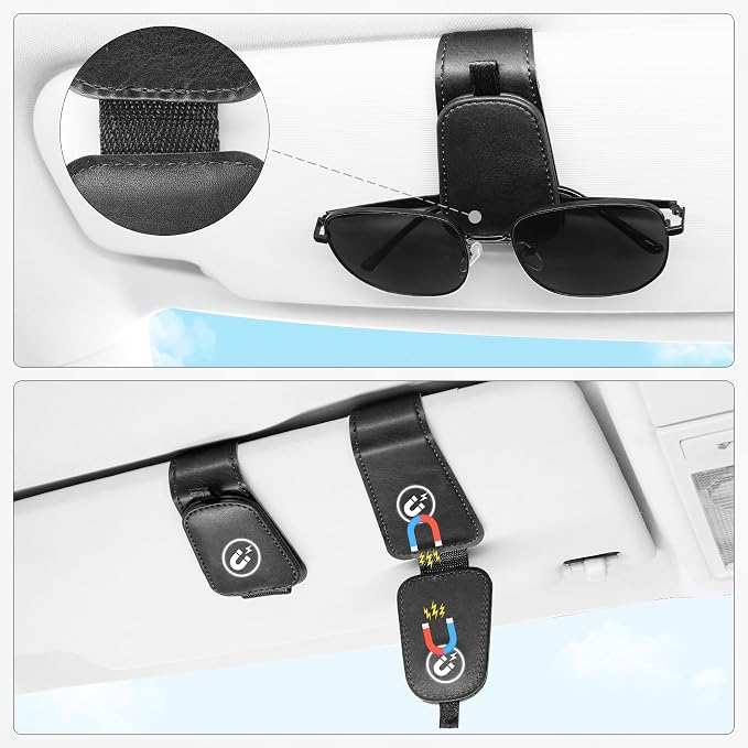 SINGARO 2 Pack Sunglass Holder for Car Visor Sunglasses Holder Clip, Universal Non-Slip Magnetic Leather Glasses Eyeglasses Hanger Mounter, Truck Interior Car Visor Accessories for Woman Man, Black - Image 4