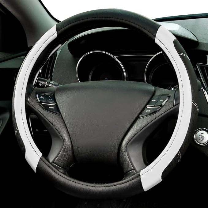 CAR PASS Line Rider Microfiber Leather Sporty Steering Wheel Cover Universal Fits for 95% Truck,SUV,Cars,14.5-15inch Anti-Slip Safety Comfortable Desgin (Black-White) - Image 2