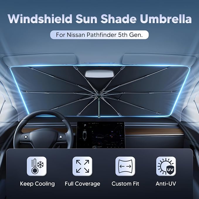 Autorder Windshield Sun Shade Umbrella for 2022-2025 2026 Nissan Pathfinder Accessories,Upgraded Ice Crystal Material,Easy Setup Umbrella Sunshade for Car Windshield,100% Sun Blocking - Image 2