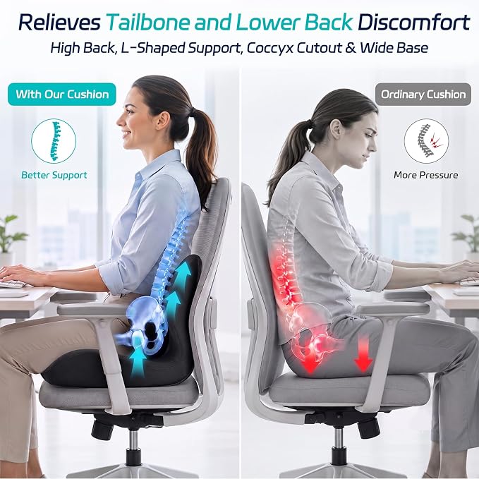 Seat Cushion & Back Support for Tailbone and Lower Back Relief | Higher Back for Stable Lower-Back Support / Dual-Sided Grip Keeps It in Place / Support Without Sinking / Durable / Washable - Image 2