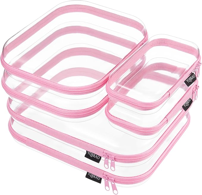 YQBRAO Clear Hard Shell Zipper Cases, 6 Multi-Size Organizers, Pink | Rigid clear shells in three practical sizes organize toiletries, cosmetics, cables, stationery and household essentials by Unknown