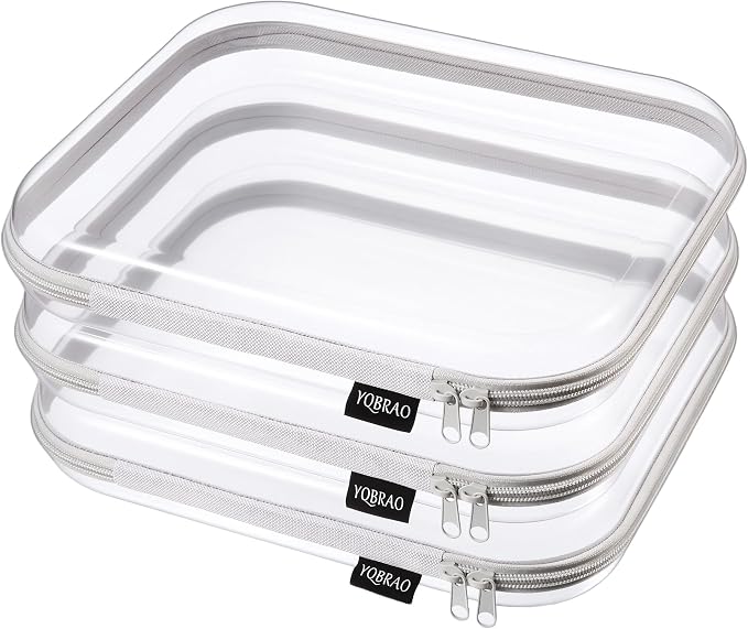 YQBRAO Clear Hard Shell Zipper Cases, 3 Large Travel Organizers, Grey | Rigid 1.2 mm PET and YKK dual zippers for full-size toiletries, makeup palettes, electronics and craft supplies by Unknown