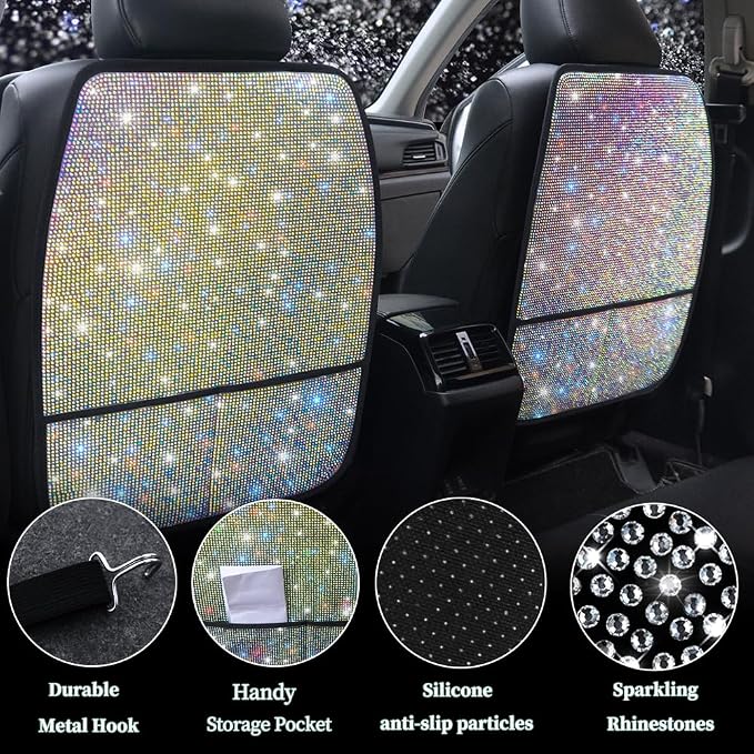 Diamond Bling Car Seat Kick Protectors with Storage – Sparkly Rhinestone Kick Mats, Universal Back Seat Cover for SUV, Crystal Auto Accessories for Stylish Moms Color 2pcs - Image 2