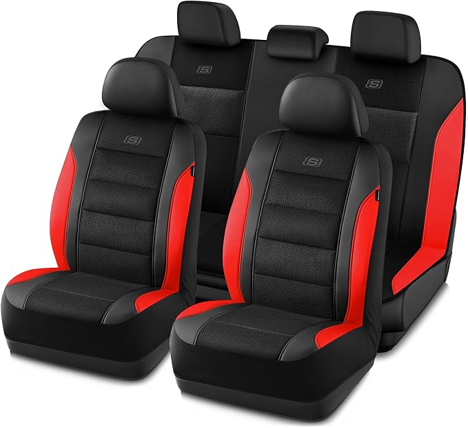 Skechers Aircooled & Memory Foam Seat Covers,Premium Leather with EVA Mesh Car Seat Covers,Seat Cover Full Sets,Airbag Compatible Automotive Comfort for Most Cars, Vans, Trucks, SUV,Red by Unknown