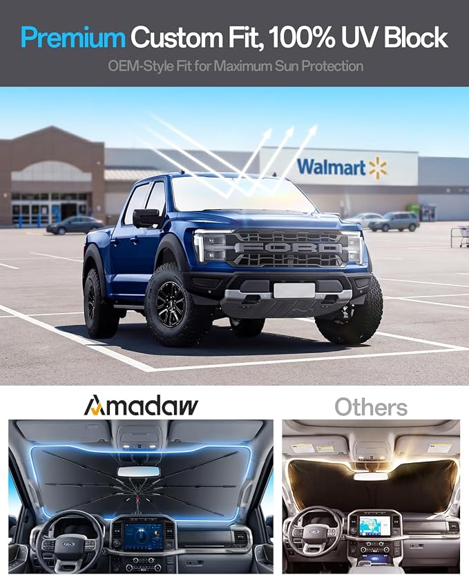 Windshield Sun Shade for Ford F150 2015–2026, Foldable Umbrella Sunshade with 100% UV Block, Multi-Layer Heat Insulation, Reinforced 10-Rib Frame, Keeps Car Cooler, Summer Car Accessory - Image 3