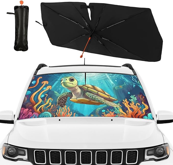 Turtle Car Windshield Sun Shade Umbrella Bendable Handle Foldable Funny Sunshade for Car Windshield Block UV Rays Keep Vehicle Cool for Most Sedans SUV Trucks Cars 57"x30" - Image 2