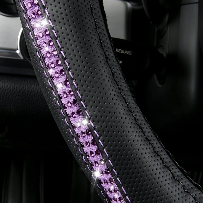 CAR PASS Bling Diamond Black Leather Steering Wheel Cover, Studded Crystal Rhinestones Universal Fit 14" 1/2-15" Glitter for Women Sparkle Girl Fit Suvs,Vans,Sedans,Car,Trucks, Purple Diamond - Image 6