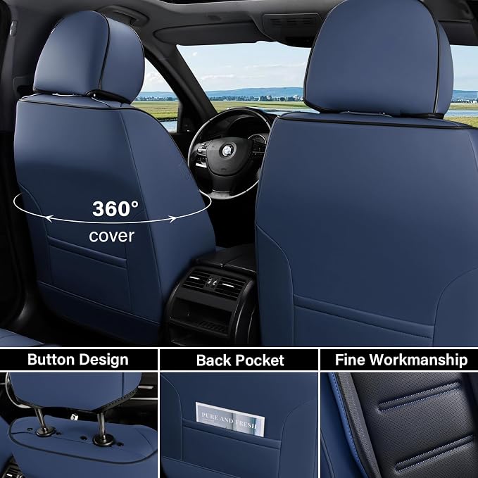 Coverado Car Seat Covers, Front Covers for Cars, Car Seat Cover Front Seats, Car Seat Protector Waterproof, Leather Car Seat Cushion, Universal Interior Covers Seat Protectors for Most Cars Blue - Image 3