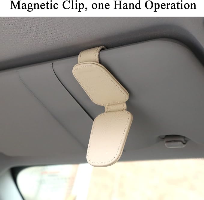 KIWEN Sunglasses Holders for Car Visor, Magnetic Leather Glasses Eyeglass Clip for Car, Ticket Card Clip Sunglasses Mount, Car Visor Accessories Gadgets (1, Beige) - Image 5