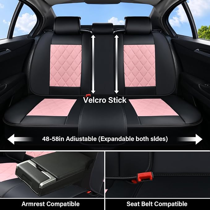 Coverado Leather Seat Covers, Car Seat Covers Full Set, Waterproof Faux Leather Pink & Black Seat Covers, Car Seat Protectors 5 Seats, Automotive Seat Covers Universal Fit for Most Cars SUV Trucks - Image 3
