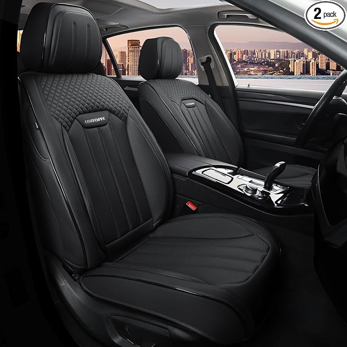 Leather Seat Covers for Cars, 2Pcs Universal Front Automotive Seat Covers, Full Coverage Waterproof Car Seat Covers for Most Trucks, SUVs, Sedans, Luxury Breathable Auto Seat Cover, Black by COVEREMPIRE