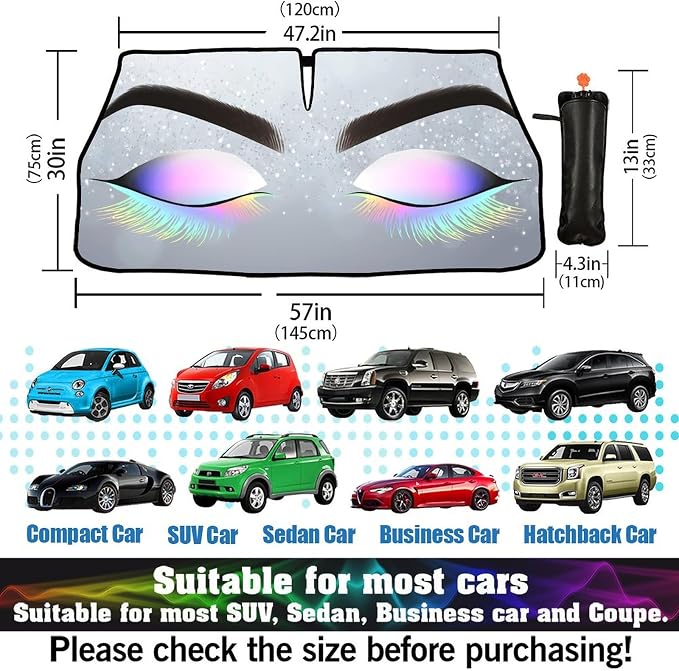 Eyelashes Car Windshield Sun Shade Umbrella with Bendable Handle Funny Eyes Eyelash Sunshade for Car Front Window Block UV Rays Foldable Sun Visor for Most Cars Trucks SUV 57"x30" - Image 6