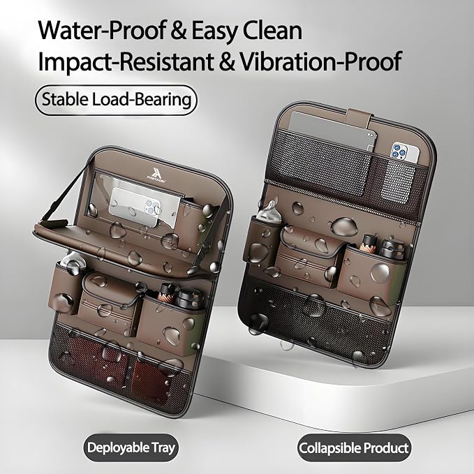 2 Pack Universal Foldable Car Backseat Organizer with Table Tray, Car Seat Back Protector with Touch Screen Phone Holder, Premium Leather Kick Mats with Storage Pockets Tissue Holder (Brown) - Image 6