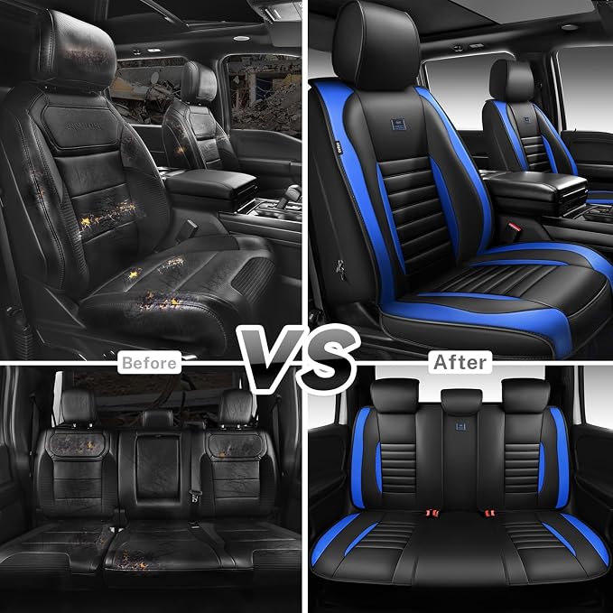 CAR PASS Nappa Leather Car Seat Covers Full Set, Luxury Seat Protector for Cars, Waterproof Anti-Slip Seat Cushion Armrest Compatible Airbag Universal for Sedan SUV Pick-up Truck Auto, Black Blue - Image 5