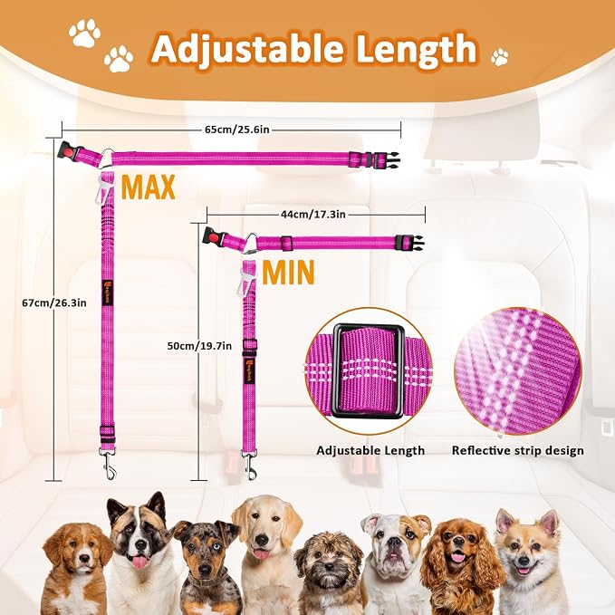 Laqibak Removable Dog Seat Belt Harness for Car, 3 in 1 Pet Seatbelt Leash | Retractable Headrest-Mounted,Restraint & Adjustable Reflective Bungee Dog Seatbelt Tether,Rose and Black - Image 7