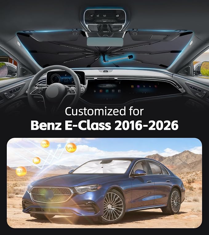 Windshield Sun Shade for Benz E-Class 2016-2026 with 360° Rotating Shaft | Custom Fit Umbrella Sunshade for UV Blocking, Interior Heat Protection, Easy Storage, UPF 50+ Cool Windshield Cover - Image 2