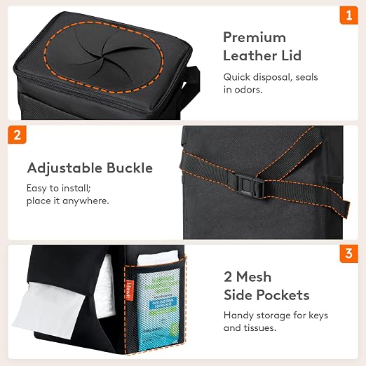 Lifewit Car Trash Can with Lid, Garbage Bag Hanging, Trash Bin, 2 Gallon | Leakproof, Waterproof, Tissue Holder, Adjustable Straps, Magnetic Snaps, Automotive Interior Accessories, Black - Image 7