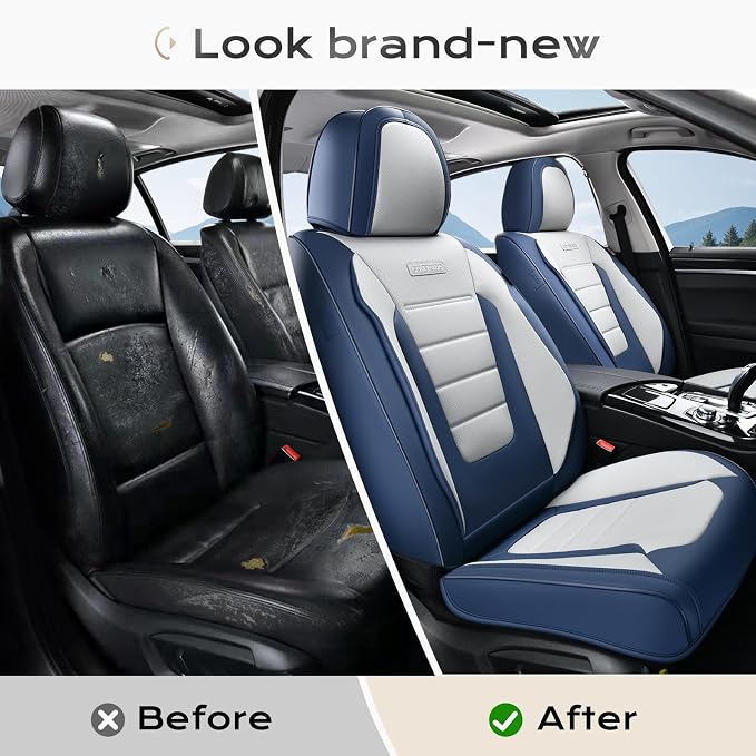 Coverado Car Seat Covers Front, Seat Covers for Cars, Waterproof 2-Pack Car Seat Cushions, Leather Carseat Seat Protectors, Universal Seat Covers Fit for Most Sedans SUV Pick-up Trucks(Blue&White) - Image 8