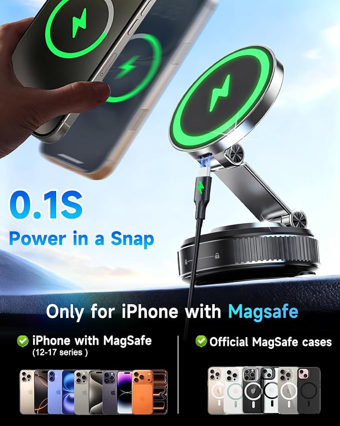 for MagSafe Car Mount Charger, 15W Fast Charging Magnetic Wireless Car Charger, Vacuum Magnetic Phone Holder [120LBS Ultra Suction Cup & 3000gf Magnet ] 780° Dashboard Car Bracket for iPhone & Android - Image 6