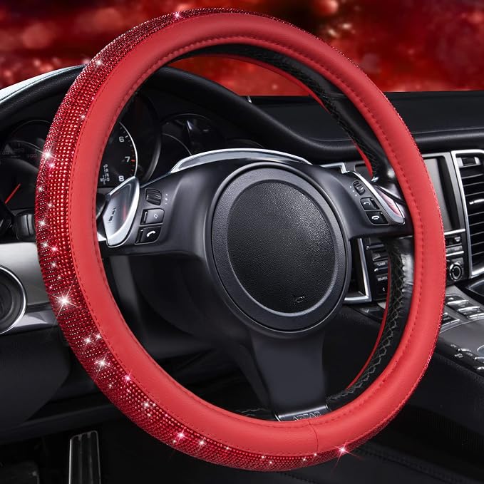 CAR PASS Bling Diamond Leather Steering Wheel Cover, with Bling Sparkly Crystal Glitter Rhinestones Universal Fit 14" 1/2-15" Car Wheel Protect for Women Girl Fit Suvs,Vans,Sedans,Cars,Trucks, Red by CARPASS