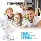 Portable Clip Fan Battery Operated,3 Speeds USB Rechargeable Mini Table Fan with Strong Airflow,360°Rotation Ultra Quiet Personal Desk Fan for Home Office Bedroom Dorm Stroller Camping(White) - Image 3