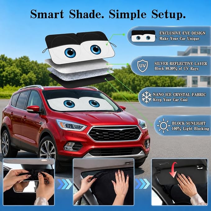 Car Windshield Sun Shade, Universal Fit Full-Size SUV Pickup, Cute Black | 63 x 33.86" Large Windshield Cover, Foldable Front Window Sunshade, UV Heat Protection, Cute Eyes Series - Image 4