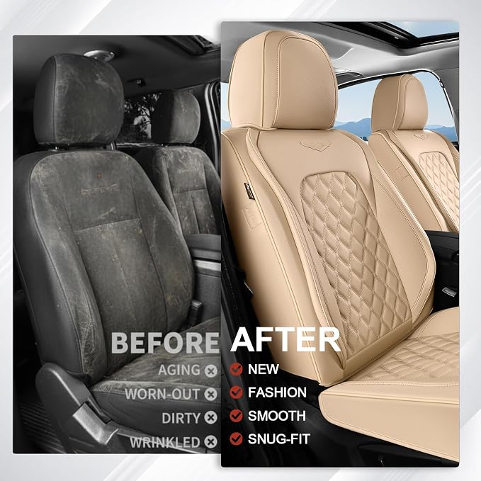 Coverado Full Set Leather Car Seat Covers, Waterproof Faux Leather Seat Covers, Beige Car Seat Protectors, 5 Seats, Universal Fit for Most Cars & SUVs-Beige - Image 9