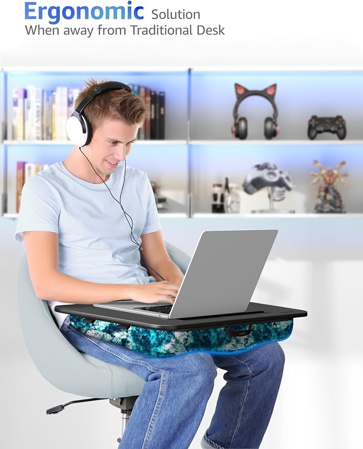 L.DOCTOR Cushioned Lap Desk, Large, Blue Waves | Portable for Bed, Couch & Floor, Washable Cushion, Built-in Phone & Tablet Slot, Fits 17.3" Laptop, Working, Writing, Gaming - Image 2