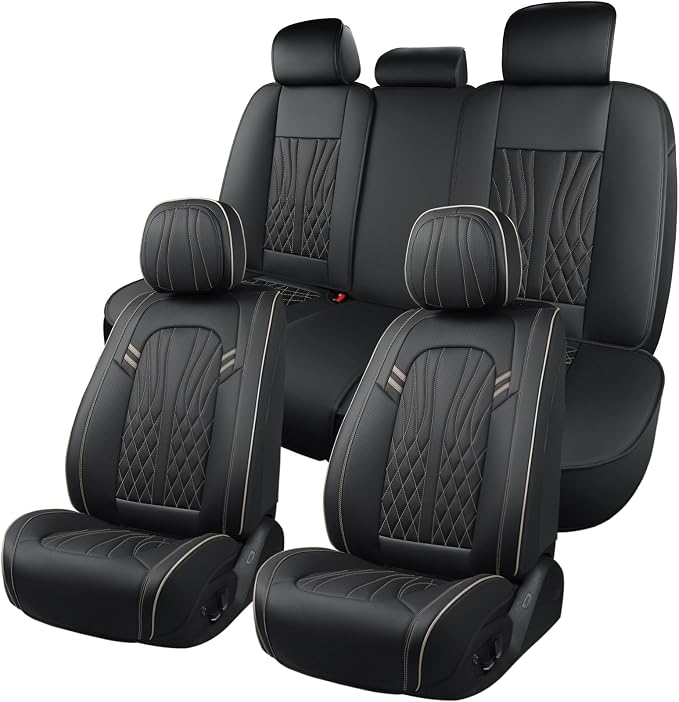 MINGBRON Leather Car Seat Covers 5 Pieces, Full Set Universal Seat Covers for Cars, Waterproof Nappa Leather Auto Seat Protectors, Black Car Seat Cover Most Sedans SUV Pick-up Truck Black&BeigeLine by MINGBRONCARSEATCOVER