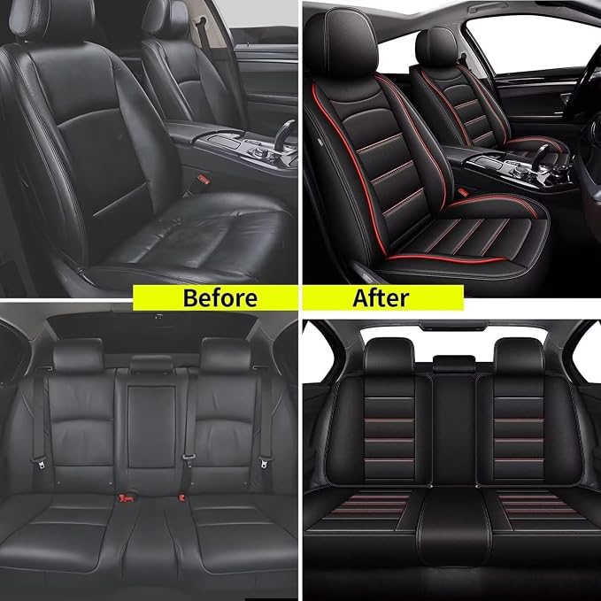 IKABEVEM Car Seat Covers Full Set Fit for Infiniti QX30 2017-2019: 5 Seats Auto Interior Accessories, Faux Leather Waterproof Seat Cushions Vehical Cover (Black&Redline) - Image 5