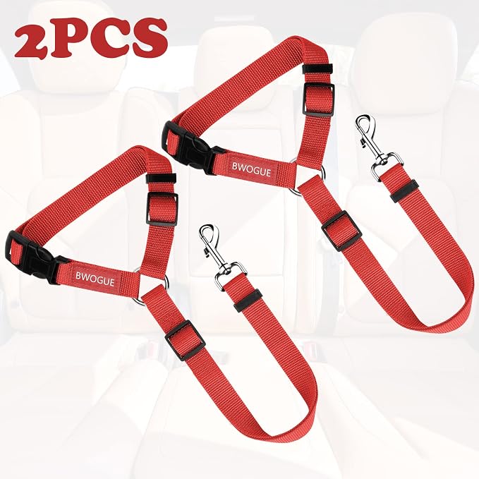 BWOGUE 2 Pack Dog Seat Belt for Car, Headrest Restraint Safety Strap, Red | 18-30 in Adjustable, Headrest Loop, 2 Pack for Dogs and Cats, Nylon Safety Strap, Use with Dog Harness, Zinc Alloy Snap - Image 2