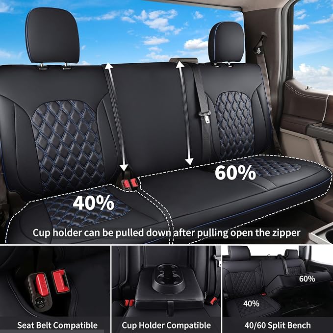 Huidasource Fit for Chevy Silverado/GMC Sierra Rear Seat Cover, Thickened Split Nappa Leather Truck Back Seat Covers 2007-2013&2019-2026 1500, 2020-2026 2500HD 3500HD Crew Cab WT LS LT, Black＆Blue - Image 3