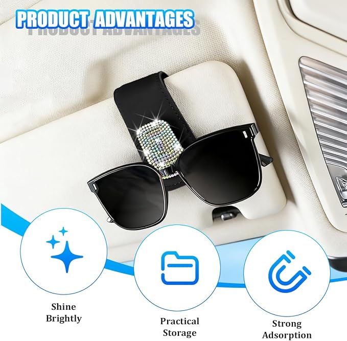 Bling Car Sun Visor Sunglasses Holder, Crystal Rhinestone Leather Visor Eyeglasses Ticket Card Mounter Clip, Shiny Diamond Auto Glasses Hanger Holder, Universal Fit (Black/Multicolor) - Image 3