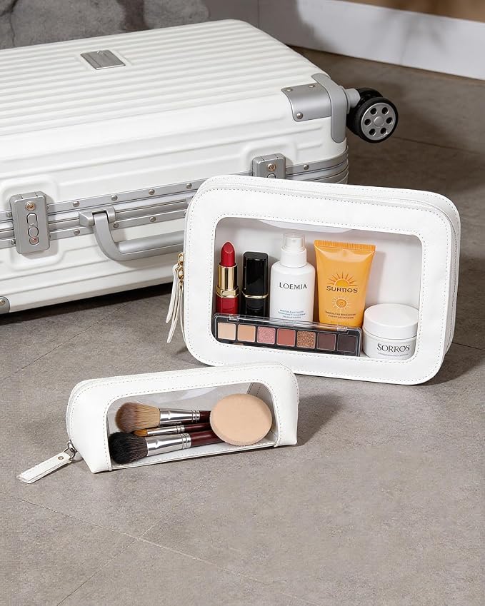 2Pack Clear Makeup Bags Set, Small Clear Makeup Bag, PU Leather Travel Makeup Brush Case Portable Transparent Waterproof Cosmetic Organizer Pouch with Zipper for Women(2Pack-White Set) - Image 3
