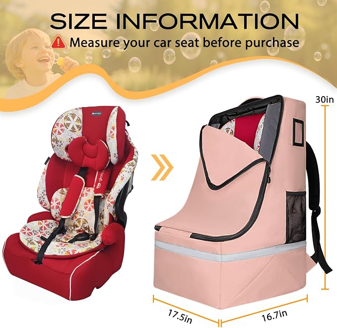 LARIPOP Car Seat Travel Bag for Airplane, Universal Gate Check Car Seat Bag, Padded Backpack with Waist Belt, Reflective Strips & Protective Feet, Fits Infant Convertible Booster Seats, Flesh - Image 2