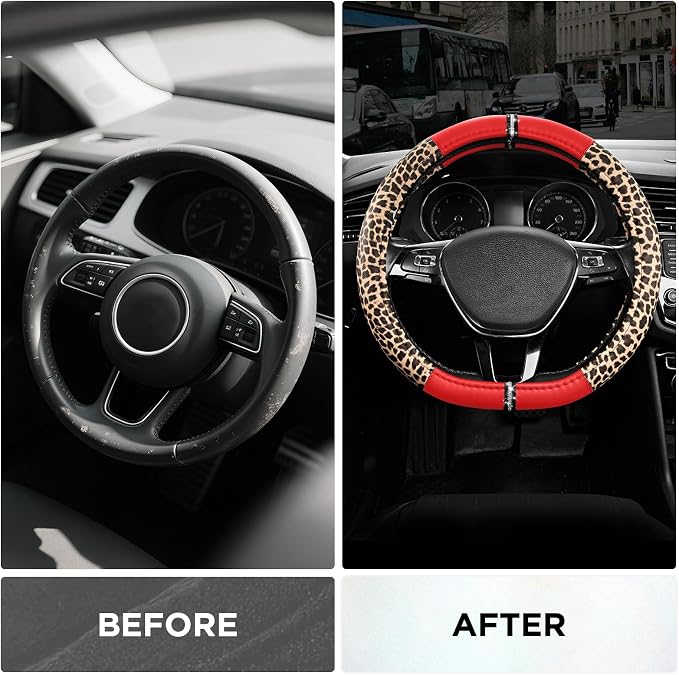 Road Comforts Leopard Steering Wheel Cover for Women, Cute Anti-Slip Microfiber Leather, Fits D Shape Flat Bottom Steering Wheel 14.5-15 Inch - Red - Image 3